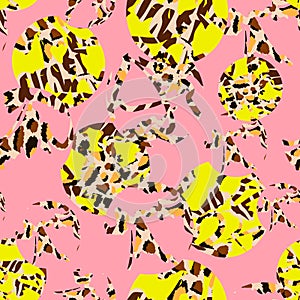 Bright yellow green circles with Spotted contours like animal skin on pink background