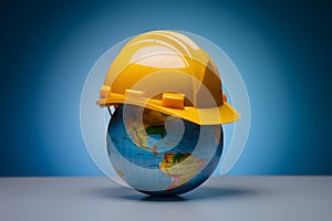 Bright yellow hard hat on globe against blue background symbolizes global safety in construction