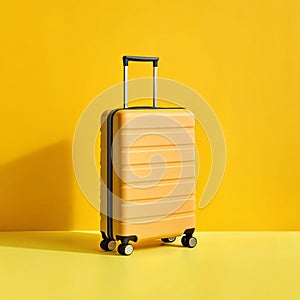 A bright yellow hard-shell suitcase stands against a matching yellow background.