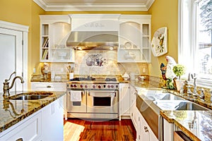 Bright yellow kitchen room with granite tops