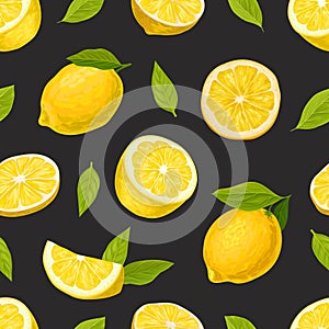 Bright Yellow Lemon Citrus Fruit with Green Leaf on Black Background Vector Seamless Pattern