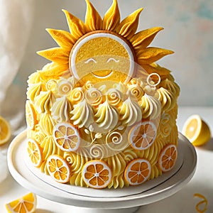 Bright Yellow Lemon and Orange Layer Cake with a Happy Sun Decoration AI-GENERATED