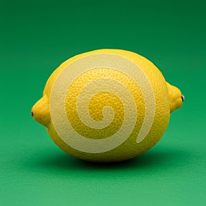 Bright yellow lemon with a textured, dimpled surface on a plain green background. The