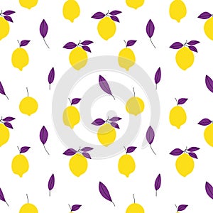 Bright yellow lemons with violet leaves simple seamless pattern
