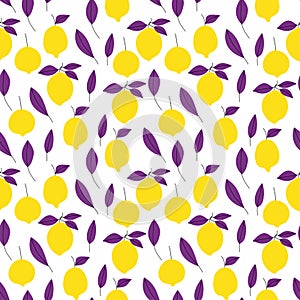 Bright yellow lemons with violet leaves simple seamless pattern