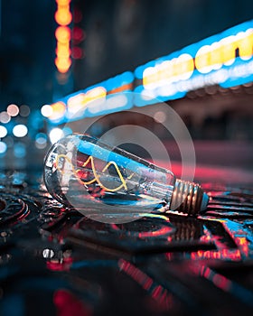 Bright yellow light bulb laying on a wet pavement in a bustling city at night