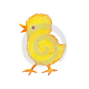 Bright yellow little chicken, side view, hand-drawn, colored pencils