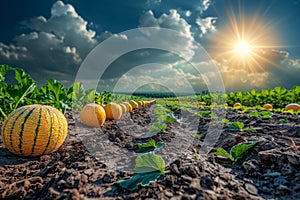 Bright yellow melons growing in sunlit field - stunning photography of ripe fruit