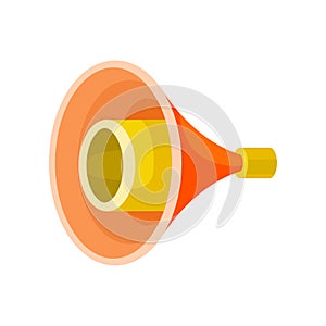 Bright yellow-orange megaphone isolated on white background. Funnel-shaped device for voice amplification. Flat vector