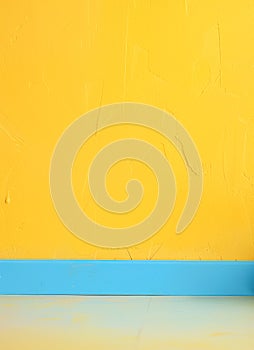 Bright yellow painted wall with blue baseboard. Minimalistic textured background, copy space