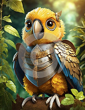 bright yellow parrot, adorable big eyes, in Knight armor and helmet. AI Generative