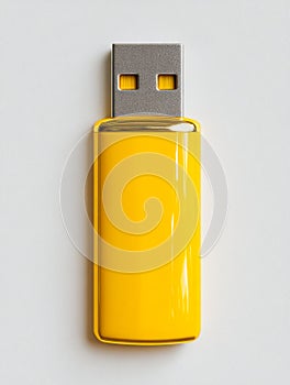 Bright yellow portable data storage device with metal connector isolated on white background for digital file transfer and backup