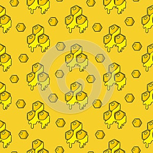Bright yellow print. Drops of sweet honey, bright yellow honeycomb with honey, seamless pattern in cartoon style