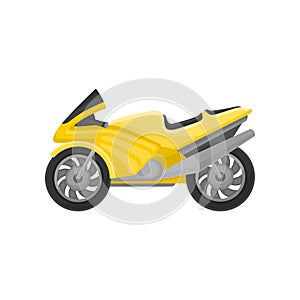 Bright yellow racing motorcycle. Modern sport bike. Two-wheeled motor vehicle. Flat vector icon