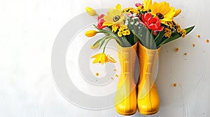 Bright yellow rain boots with fresh spring flowers. creative floral display on a white background celebrating springtime