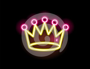 Bright yellow and red glowing neon light crown vector flat illustration. Colorful fashion sign isolated on black