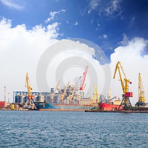 Bright yellow, red and orange cranes and freighters stand in the