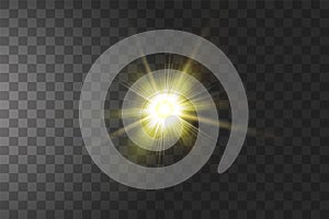 Bright yellow shining sun Isolated on transparent background. Glow light effect. Vector illustration