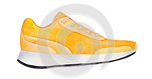 Bright yellow sneaker shoe with laces. Symbol of sport, youth, originality, positivity, ease, comfort.