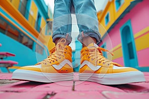 Bright yellow sneakers on pink skateboard