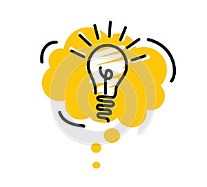 Bright yellow speech bubbles with icons light bulb. Concept ideas or insight.