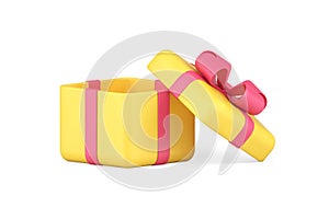 Bright yellow squared gift box with open cap pink bow realistic 3d icon vector illustration