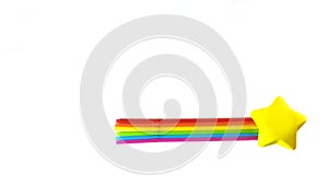 A bright yellow star and seven straws of rainbow colors lie on a white background. Objects depict a comet. The colors