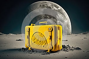 bright yellow suitcase on lunar surface chest on the moon