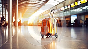 A bright yellow suitcase sits on top of a tiled floor, ready for a new journey