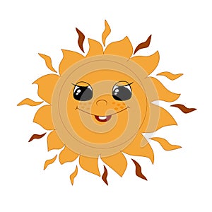 The bright yellow sun happily smiles. Cartoon joyful character with freckles.