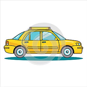 Bright yellow taxi cab cartoon illustration side view. Cartoon style city transportation yellow