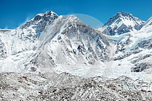 Bright yellow tents in Mount Everest Base Camp, Khumbu glacier and mountains, Nepal, Himalayas