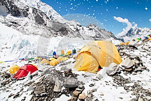 Bright yellow tents under snow in Mount Everest base camp