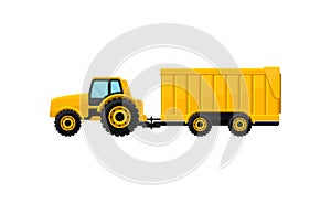 Bright yellow tractor with big trailer, side view. Heavy agricultural machinery. Farm equipment. Flat vector icon