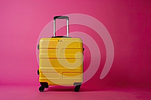 A bright yellow travel suitcase on a beautiful red background. Copy spase.