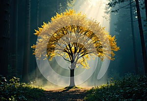 Bright yellow tree illuminated by sunlight in a misty forest setting