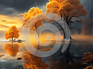 Bright yellow trees under gloomy clouds are reflected in the water.