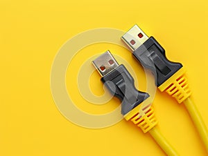 Bright Yellow USB Cables on Yellow Background Close up of Two USB Connectors Modern Technology Accessories for Data Transfer and
