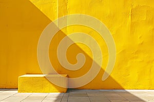 A bright yellow wall with a wooden bench standing in front of it, A minimalist composition featuring a solid yellow background