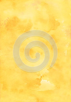 Bright yellow watercolor background. Watercolor abstract honey color backdrop. Stains on paper