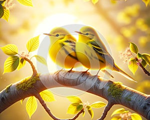 Bright Yellow Wilson\'s Warblers Perched Tree Branch Springtime Morning Sunrise Small Birds AI Generated