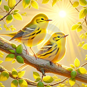 Bright Yellow Wilson\'s Warblers Perched Tree Branch Springtime Morning Sunrise Small Birds AI Generated