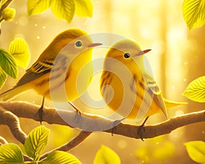 Bright Yellow Wilson\'s Warblers Perched Tree Branch Springtime Morning Sunrise Small Birds AI Generated