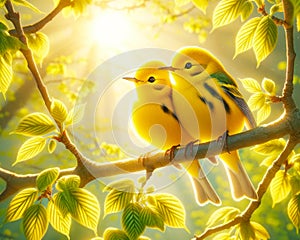 Bright Yellow Wilson\'s Warblers Perched Tree Branch Springtime Morning Sunrise Small Birds AI Generated