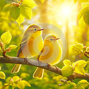Bright Yellow Wilson\'s Warblers Perched Tree Branch Springtime Morning Sunrise Small Birds AI Generated photo