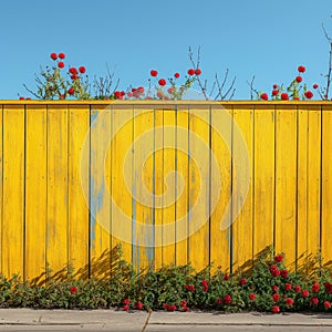 Bright yellow wooden fence with red flowers