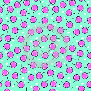 Bright and yummi cherries, seamless pattern. vector illustration, hand drawn.