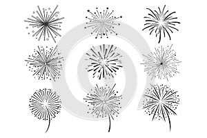 Brightly celebration fireworks set, holiday and party firework design elements vector illustration photo