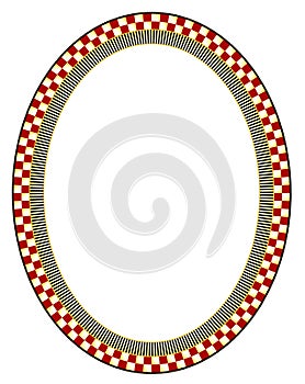 Brightly chequered and striped oval or elipse shaped frame with a black outside edge containing gold polka dots. photo
