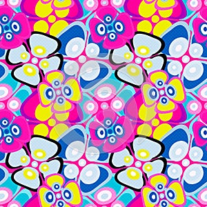 Brightly colored abstract flowers on a black background seamless pattern illustration